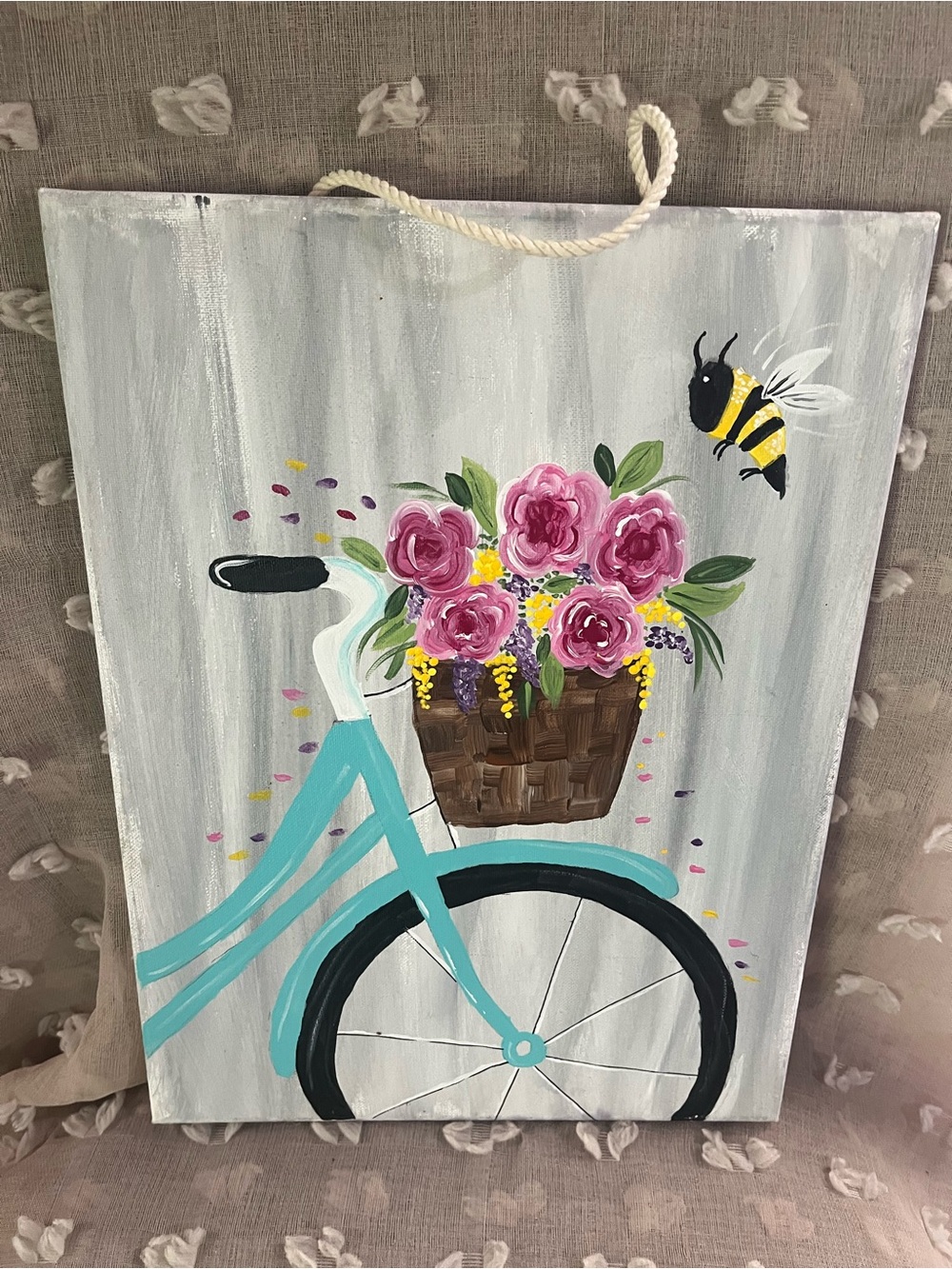 Hand painted bike basket of flowers, bee